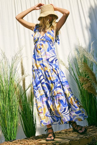 Printed Shoulder Tie Maxi Dress