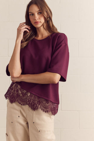 Solid short sleeve knit top featuring scallop lace hem detail