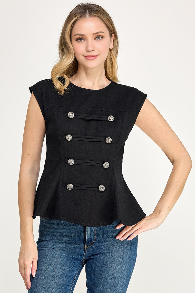 Military Style Peplum Top With Crest Buttons