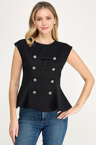 Military Style Peplum Top With Crest Buttons