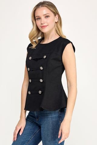 Military Style Peplum Top With Crest Buttons