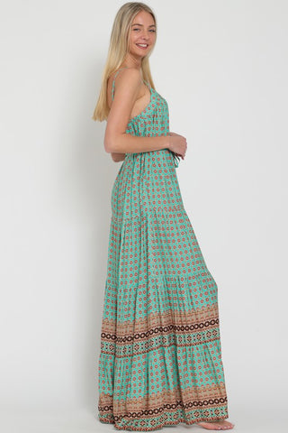 BELTED TIERED BORDER PRINTED MAXI DRESS