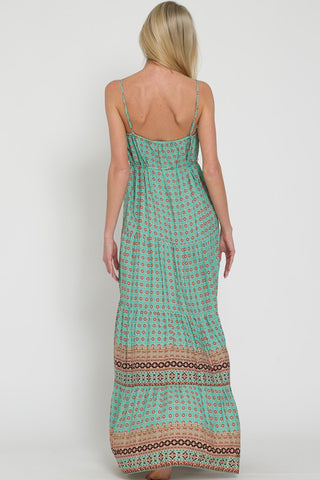 BELTED TIERED BORDER PRINTED MAXI DRESS