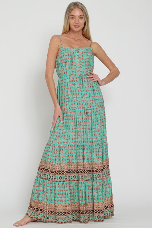 BELTED TIERED BORDER PRINTED MAXI DRESS