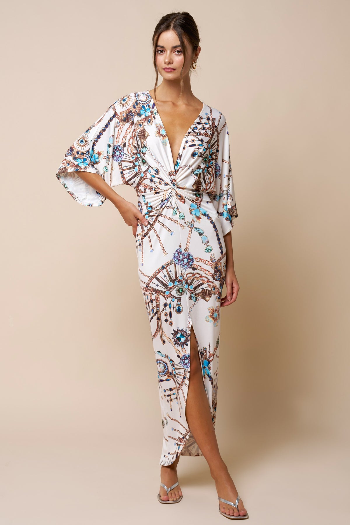 Printed Front Twist Plunging Maxi Dress