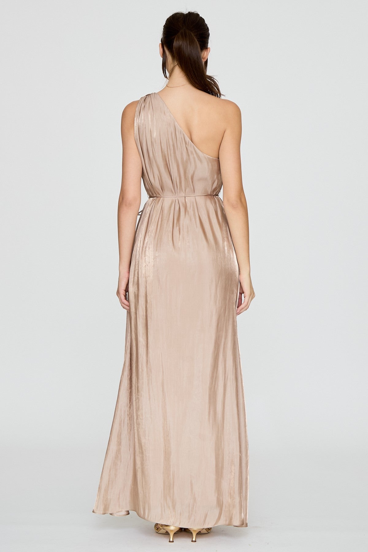 One Shoulder Metallic Trim Maxi Dress