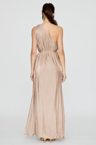 One Shoulder Metallic Trim Maxi Dress