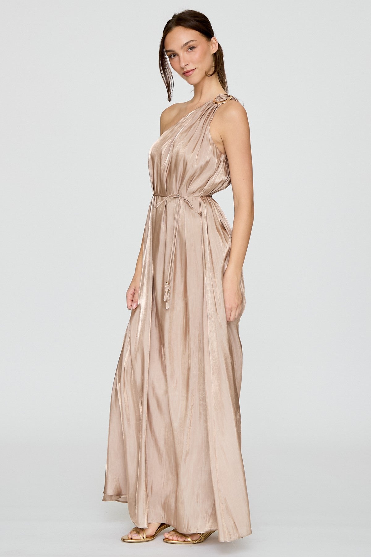 One Shoulder Metallic Trim Maxi Dress