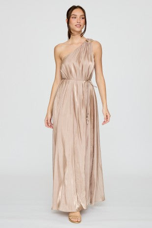 One Shoulder Metallic Trim Maxi Dress