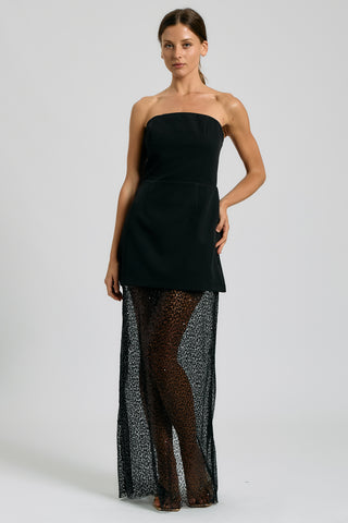 STRAPLESS MINI DRESS WITH SHEER SEQUIN MAXI OVERLAY