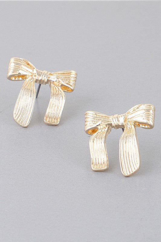 Shiny Metallic Ribbed Ribbon Tied Stud Earrings