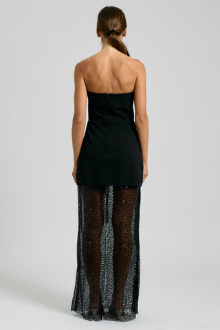 STRAPLESS MINI DRESS WITH SHEER SEQUIN MAXI OVERLAY