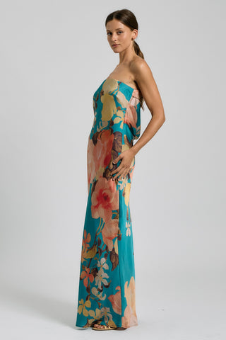 Strapless Floral Open-back Maxi Dress
