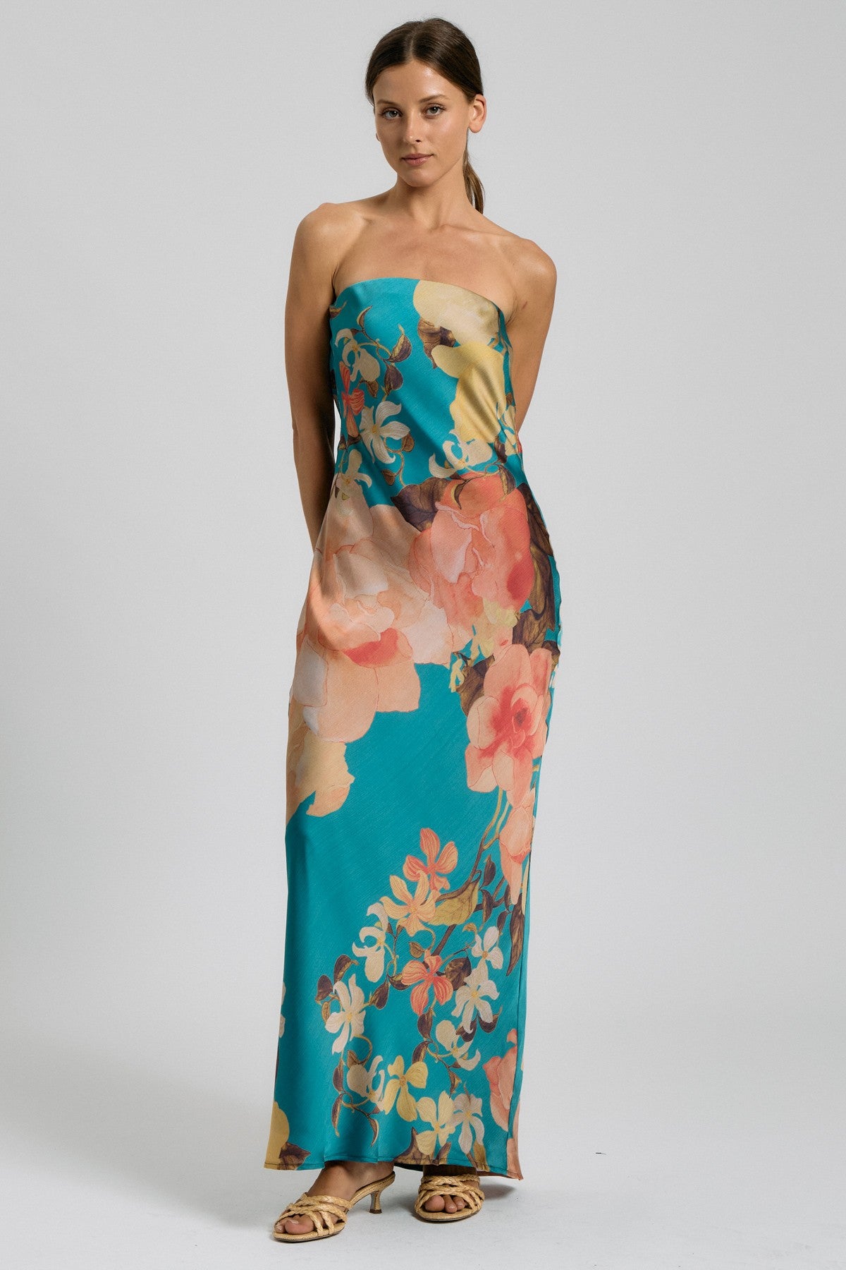 Strapless Floral Open-back Maxi Dress