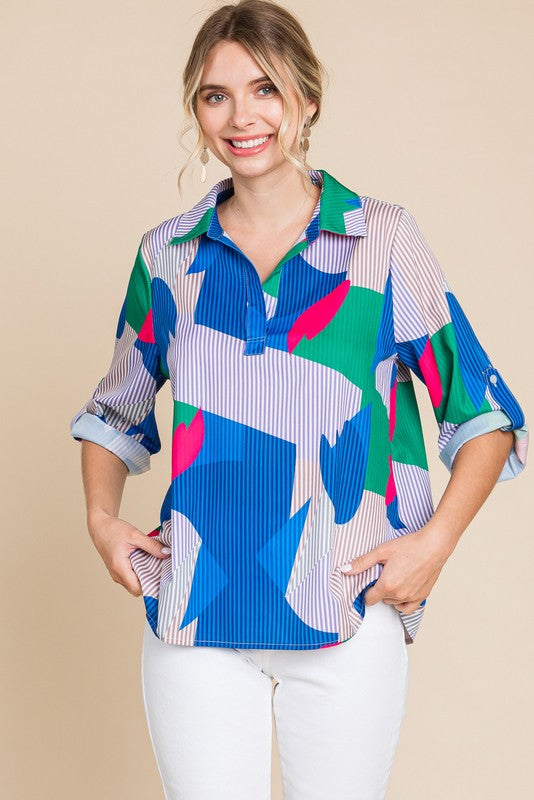 Print 3/4 Roll-up Sleeves Top