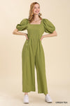 Linen Blend Pleated Detail Jumpsuit with Puff Sleeves & No Lining