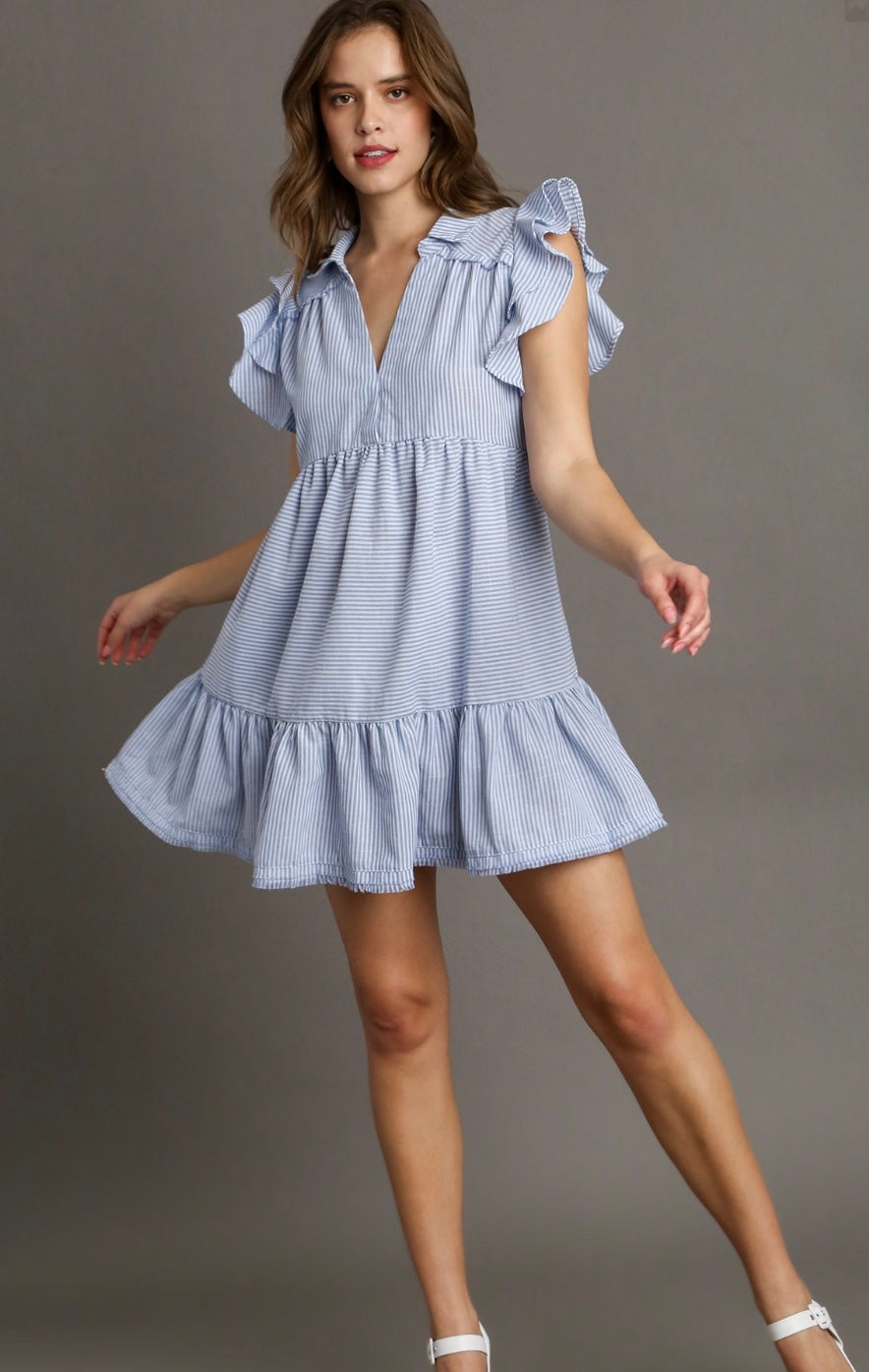 V-Neck Collared Dress with Ruffle Sleeves and Fray Details