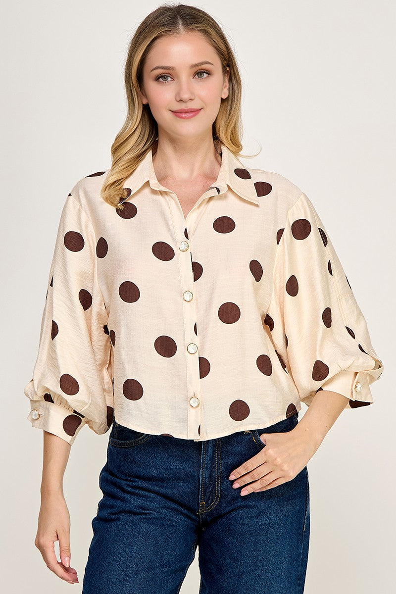 Puffed Slv Polka Dot Button Down Shirt