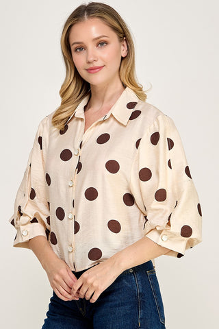 Puffed Slv Polka Dot Button Down Shirt