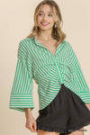 Striped Print Long Sleeve Button Front Pleated Drape Top