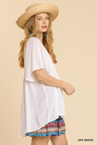 V-Neck Wire Trimmed Detail Short Sleeve Tunic Dress with Smocked Back