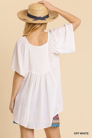 V-Neck Wire Trimmed Detail Short Sleeve Tunic Dress with Smocked Back