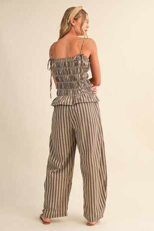 Striped Ruffle Hem Smocked Peplum Jumpsuit