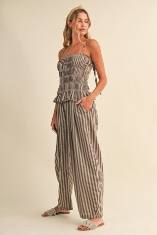Striped Ruffle Hem Smocked Peplum Jumpsuit