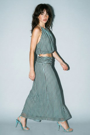 Striped Halter & Ruched Maxi Skirt Set