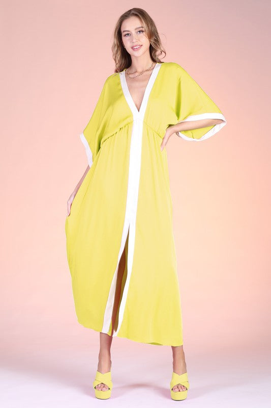 Washed Poly Silk Contrast Band Kimono Maxi Dress