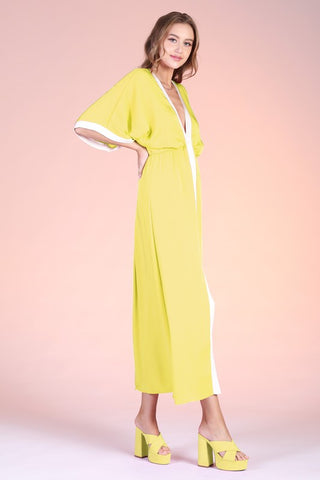 Washed Poly Silk Contrast Band Kimono Maxi Dress