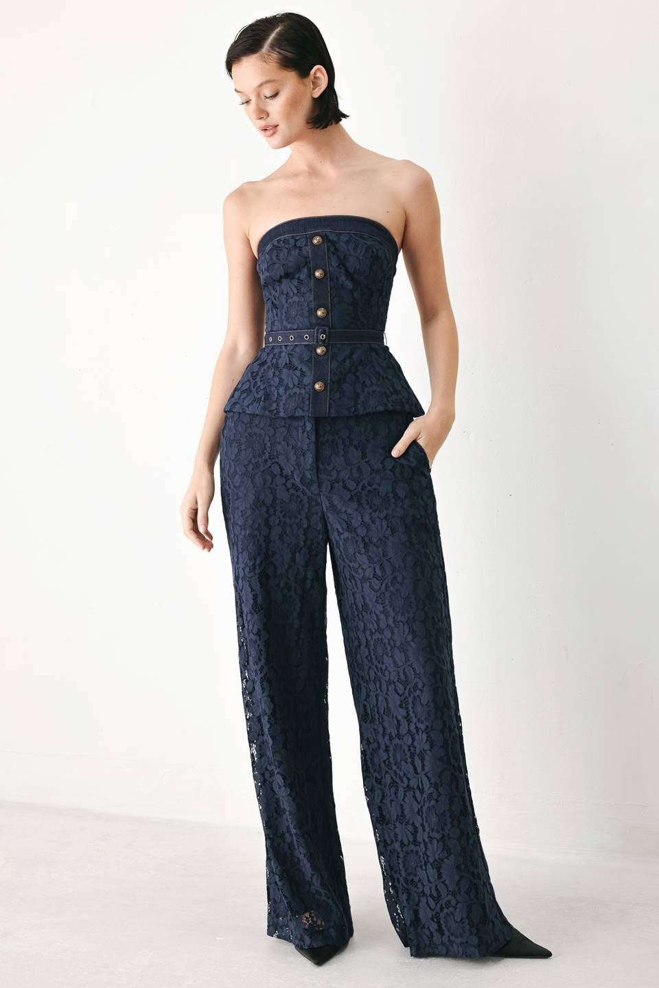 A Solid Woven Lace Top With Denim Contrast