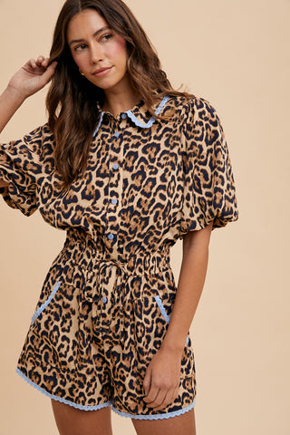 Lace Trimmed Leopard Print Button Down Romper
