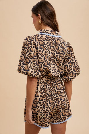 Lace Trimmed Leopard Print Button Down Romper