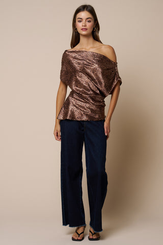 Leopard Print Asymmetrical Off Shoulder Satin Blouse