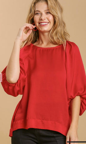 Satin Half Balloon Sleeve Round Neck Top