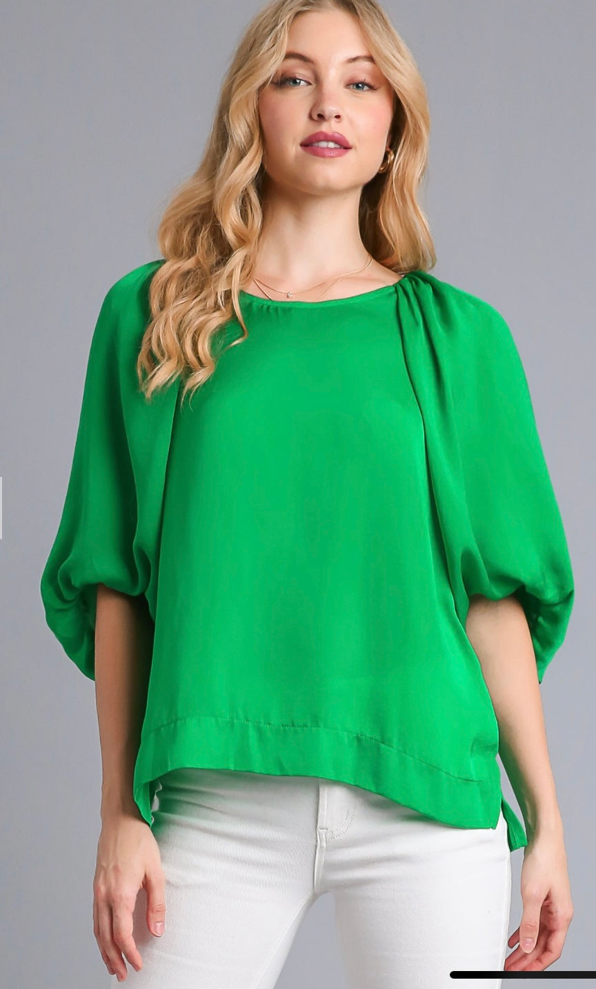 Satin Half Balloon Sleeve Round Neck Top