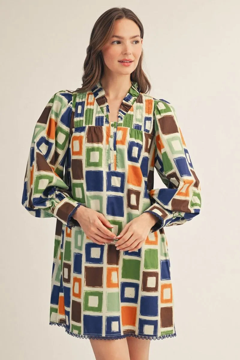 Long puff sleeves multi color square print dress with side pockets