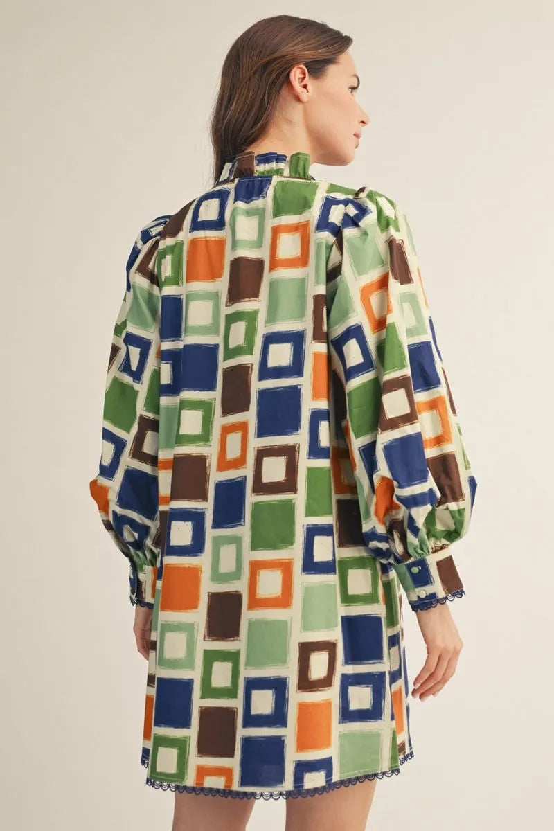 Long puff sleeves multi color square print dress with side pockets