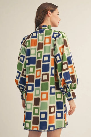 Long puff sleeves multi color square print dress with side pockets