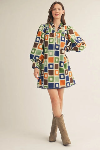 Long puff sleeves multi color square print dress with side pockets