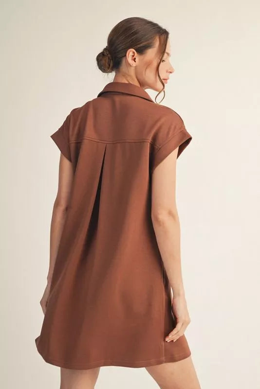 Solid dress with open collared neck, back inverted pleats, side pockets