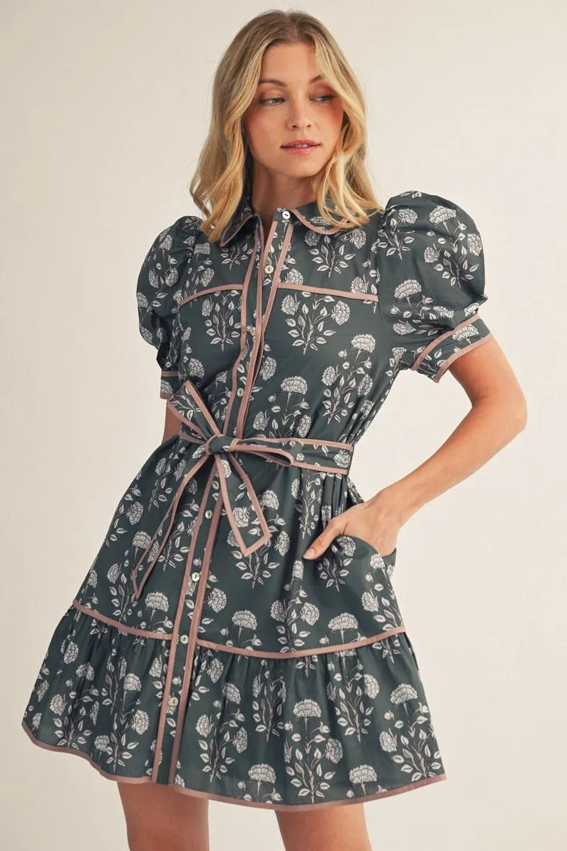 Puff shoulder short sleeves button down floral dress