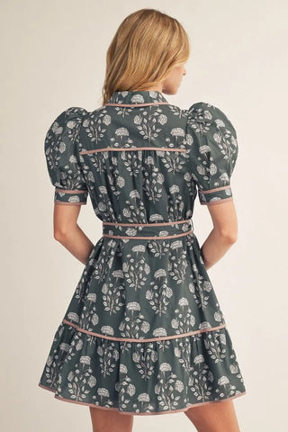 Puff shoulder short sleeves button down floral dress