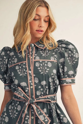 Puff shoulder short sleeves button down floral dress