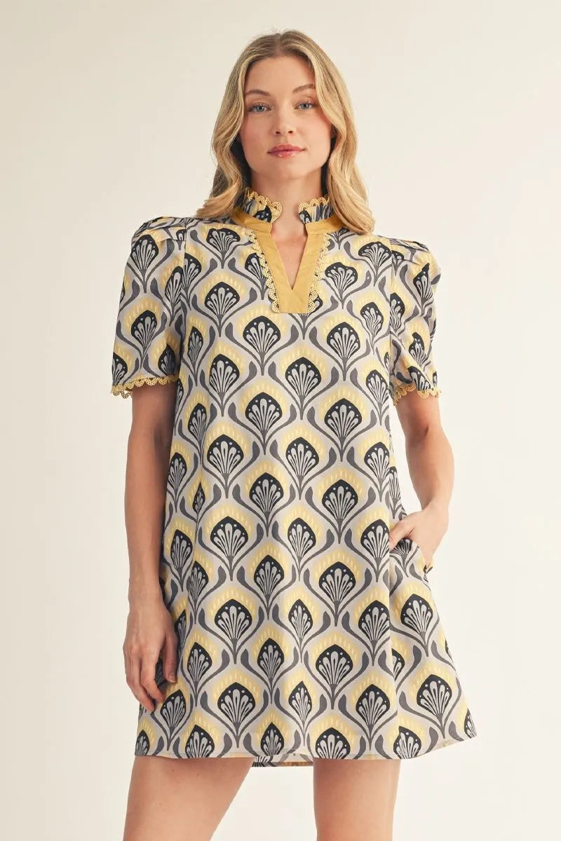 Puff shoulder short sleeves Baroque floral shift dress with side pockets