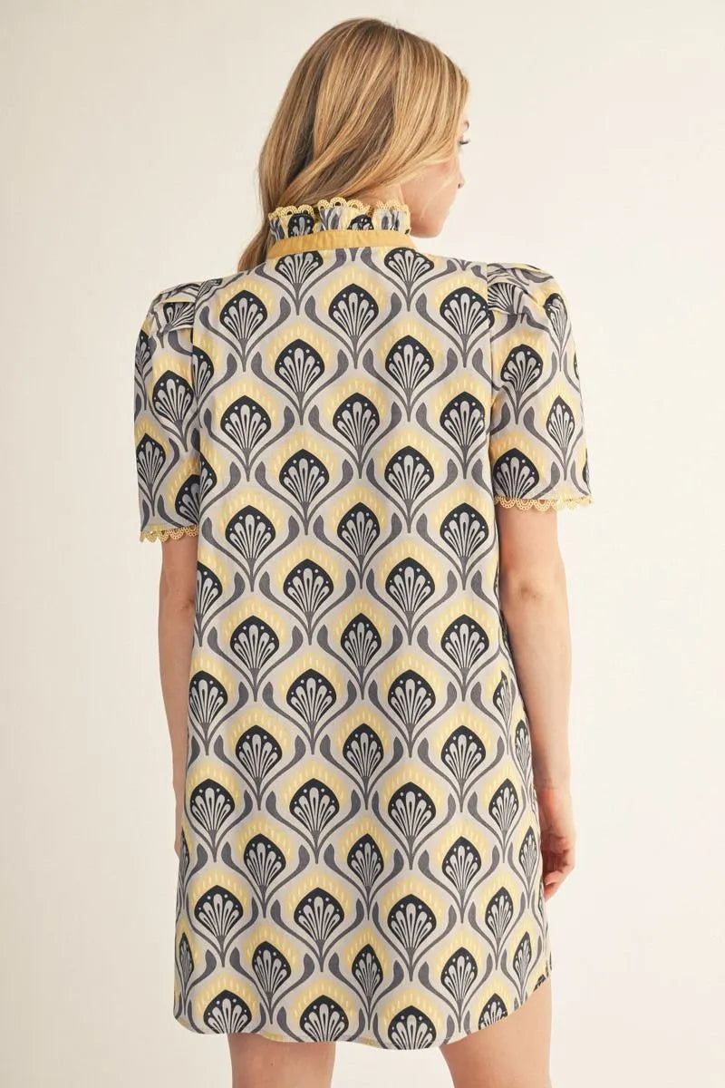 Puff shoulder short sleeves Baroque floral shift dress with side pockets