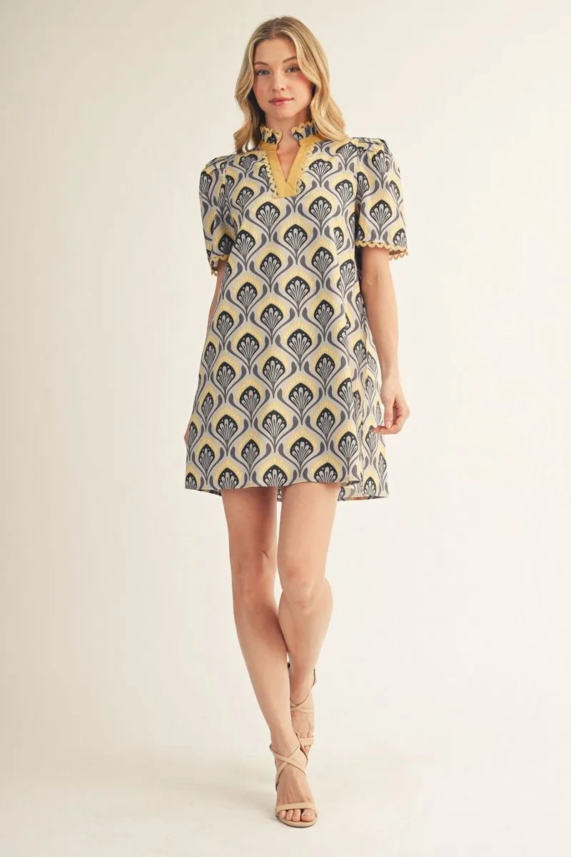 Puff shoulder short sleeves Baroque floral shift dress with side pockets