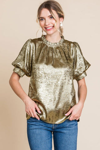 Metallic Short Bubble Sleeves Top