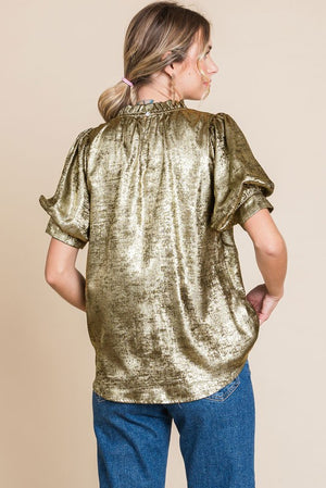 Metallic Short Bubble Sleeves Top